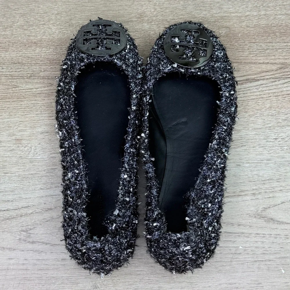 Tory Burch Minnie Travel Ballet Flats Black Silver Metallic Tweed 6M